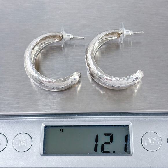 Estate Sterling Silver 925 Hammered Half Hoop Earrings - Picture 9 of 9